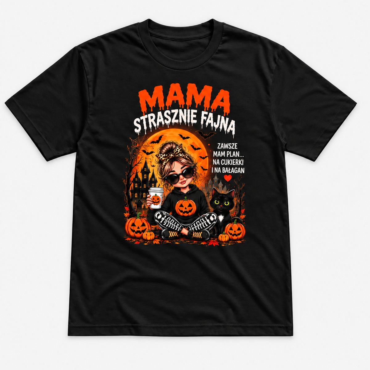 Mama Strasznie Fajna, czarna koszulka, nadruk z przodu