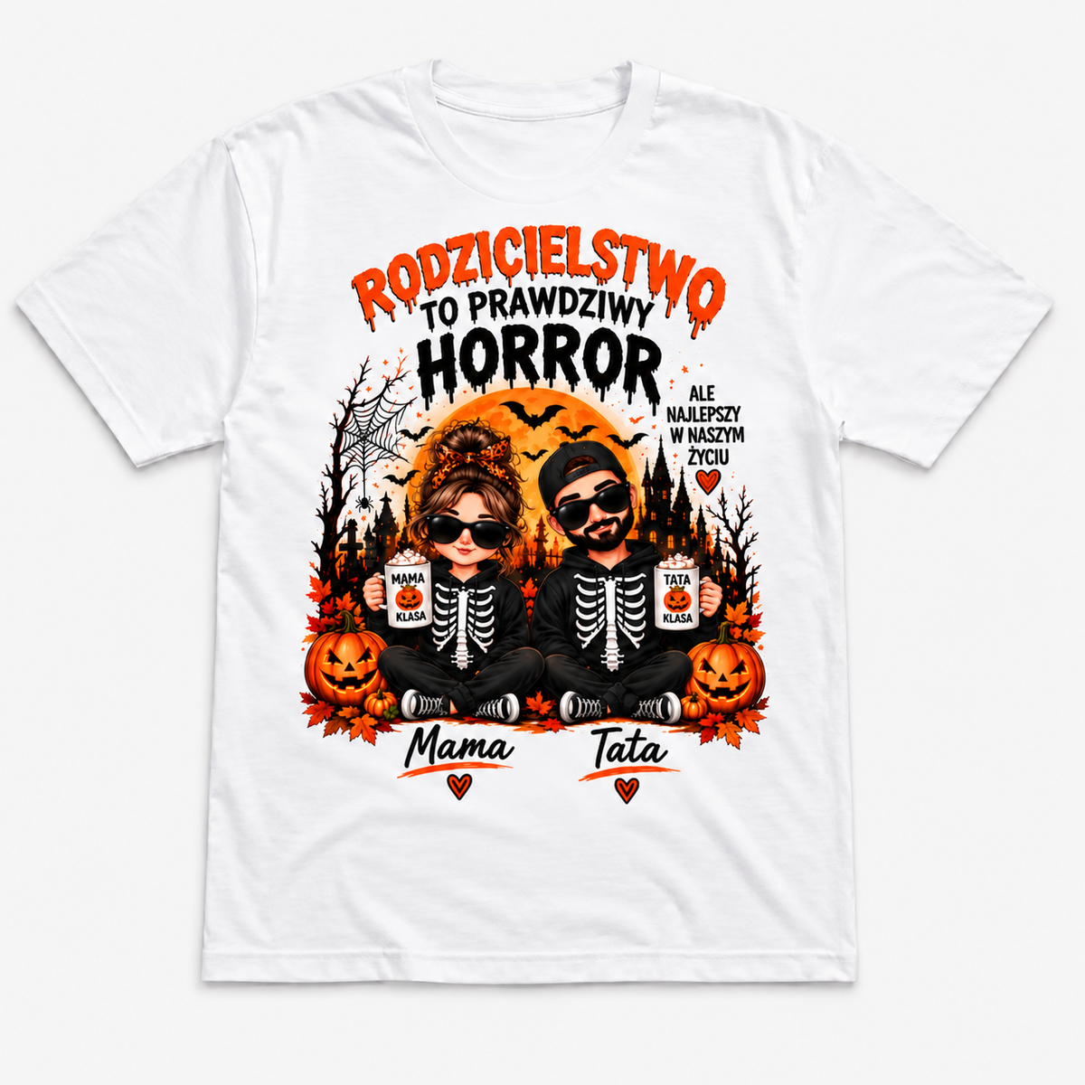Rodzicielstwo to Horror, biała koszulka, nadruk z przodu
